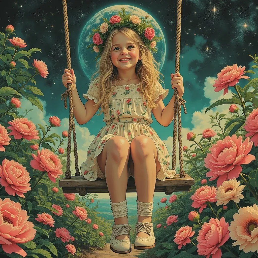 A girl in a floral wreath swings among peonies against a cosmic background.