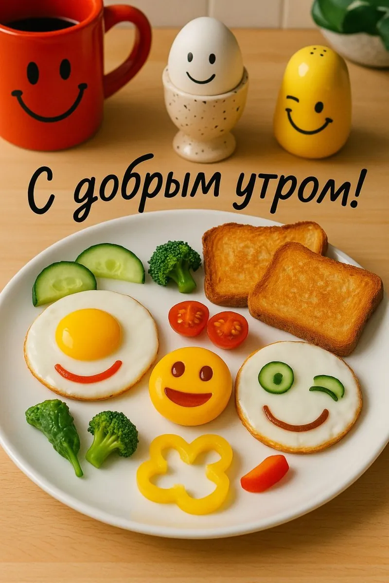 Яйца-смайлы поданы на белой тарелке с овощами и тостами.