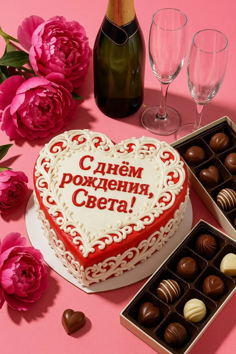 Белый торт-сердце с поздравлением стоит рядом с конфетами, шампанским и пионами.