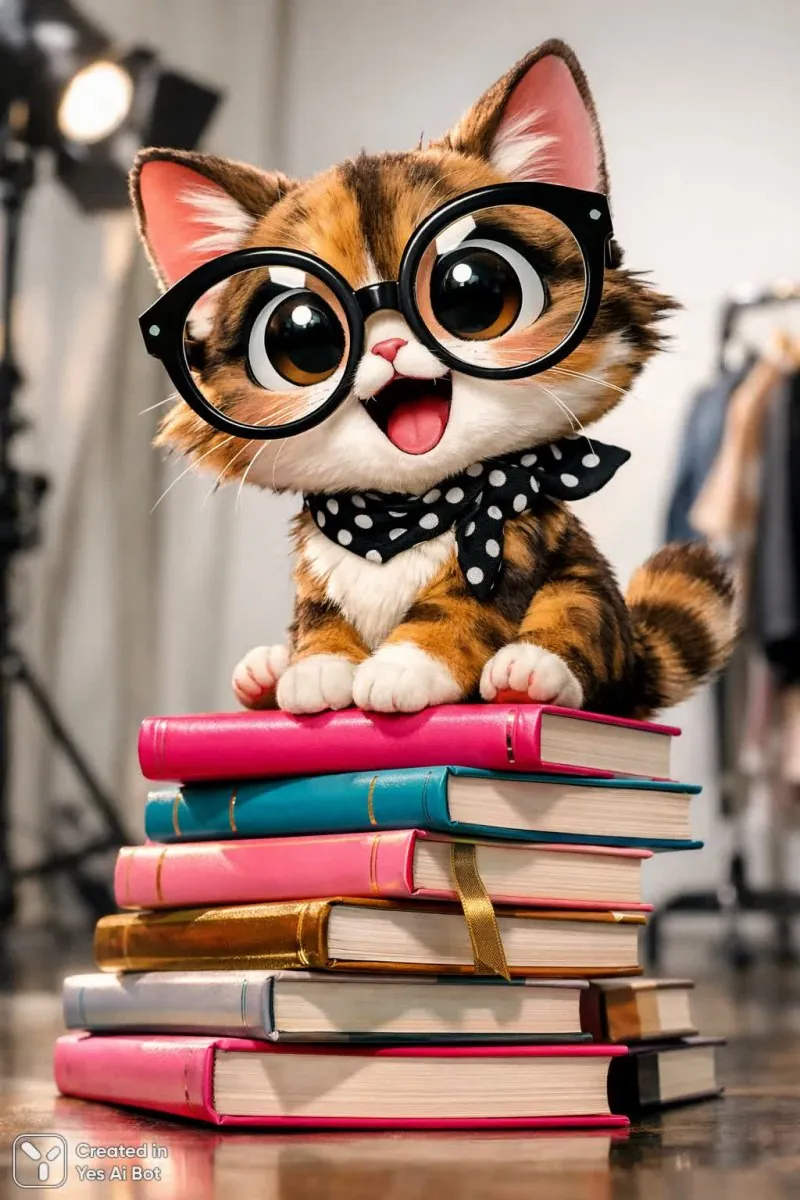 Весёлый кот в больших очках сидит на разноцветных книгах.