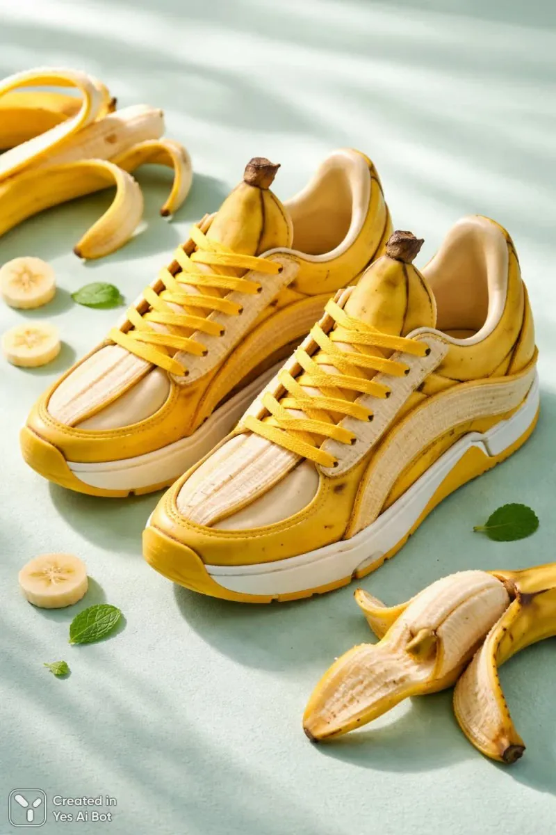 Une paire de baskets jaunes faites de peau de banane repose sur une surface menthe.
