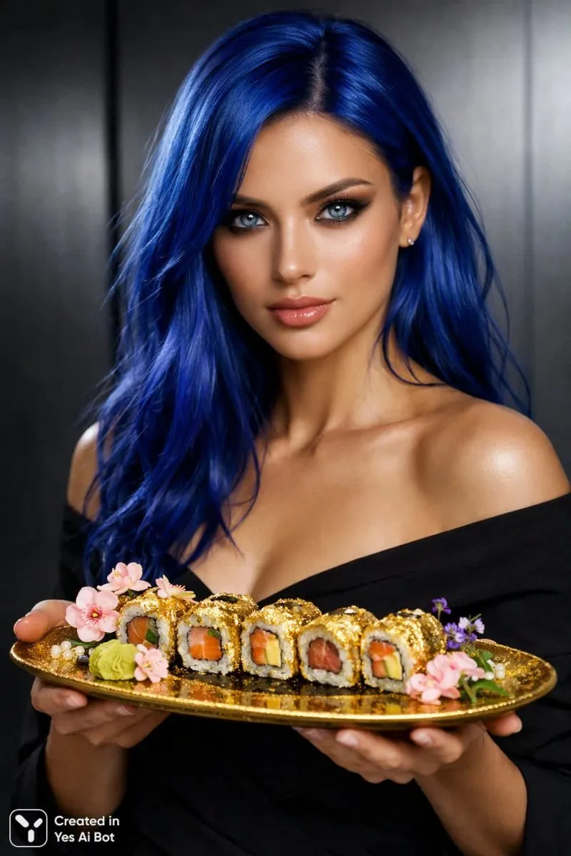A blue-haired model holds a platter of sushi with golden decorations.