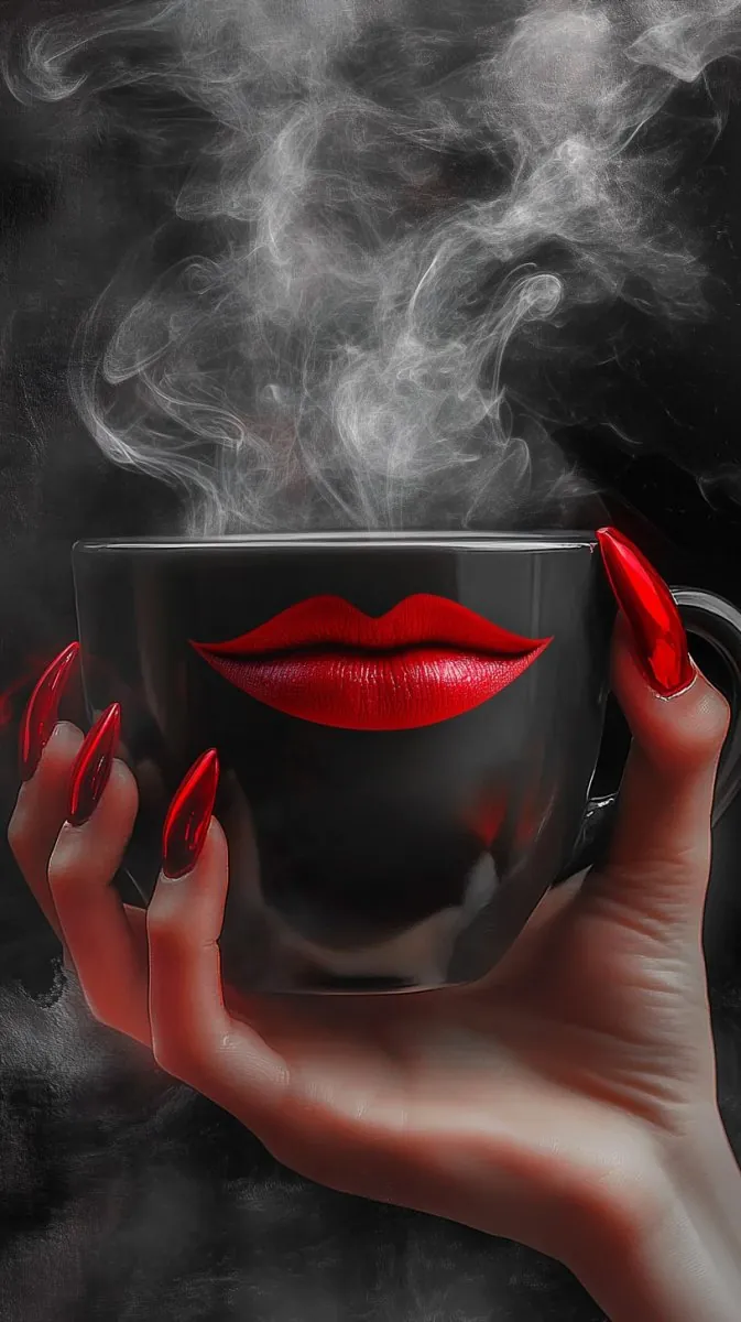 A black cup with sculpted red lips and red steam above the coffee.