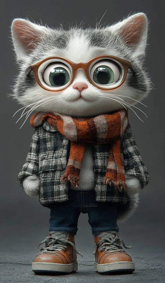 Eine dreidimensionale Cartoonkatze mit Brille, Pullover und Karohose.