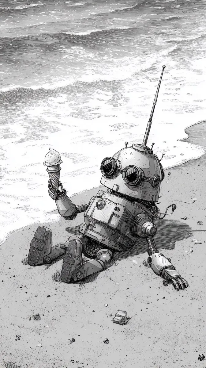 Güneş gözlüklü metal robot külah dondurmayla deniz kenarında dinleniyor.