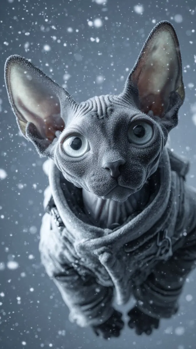 Eine Sphynxkatze in einem fantastischen Anzug schwebt im Weltraum.