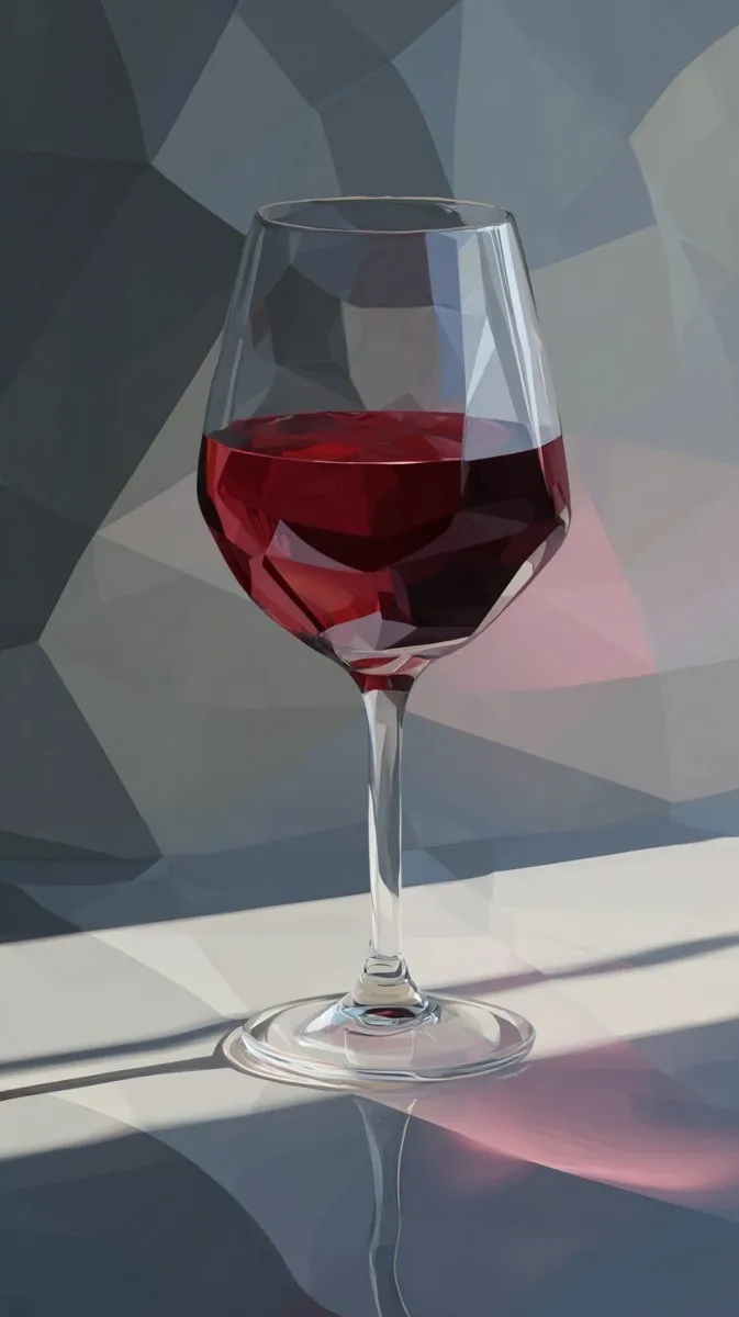 Ein Glas tiefroten Weins in einer schlichten geometrischen Pastellkomposition.