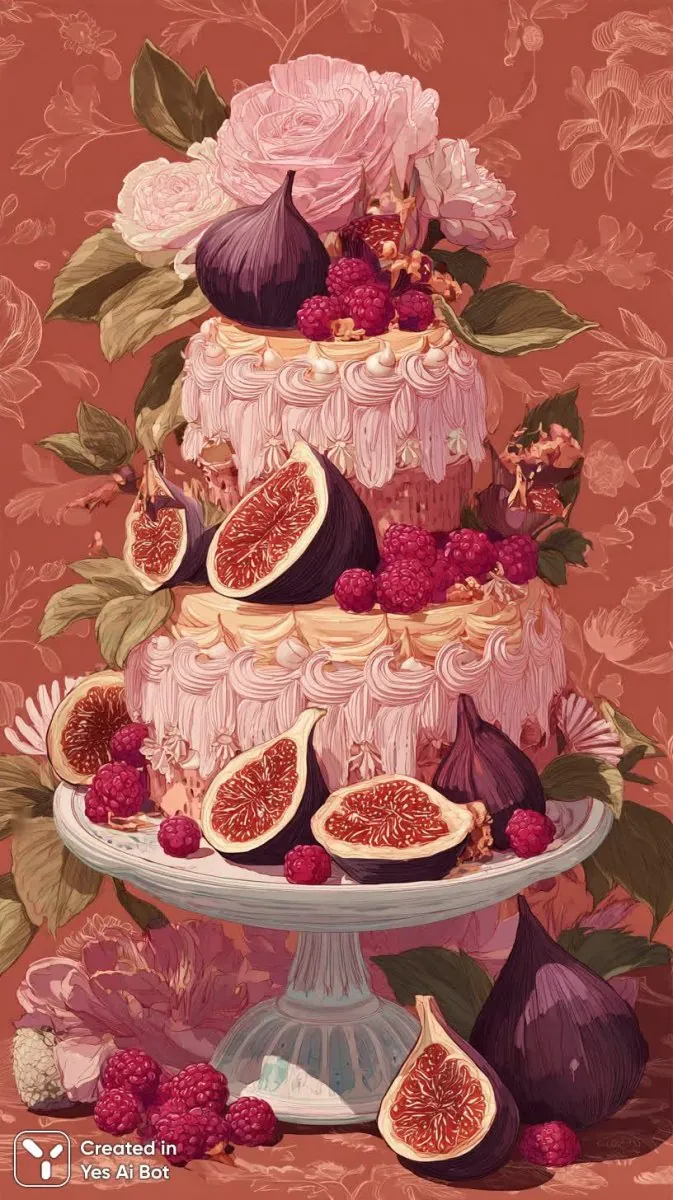 An elaborate tiered cake with berries and bright pink-and-yellow frosting.