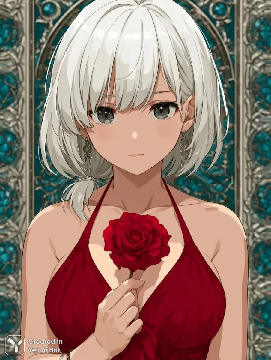 Un personnage d’anime aux cheveux blancs tient une rose rouge contre sa poitrine.