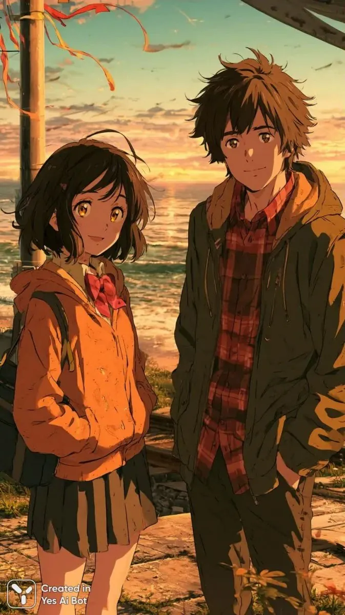 İki anime karakteri sıcak sabah ışığında deniz kıyısında duruyor.