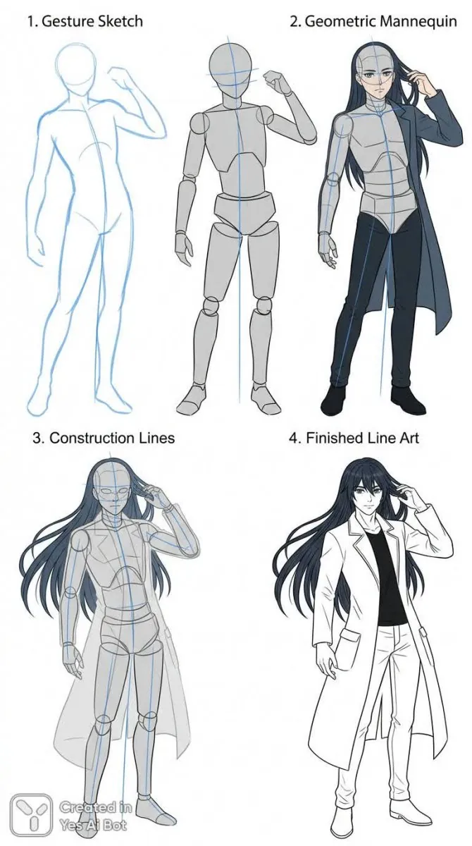 A study sheet shows the construction of a male anime character from gesture sketch to outline.