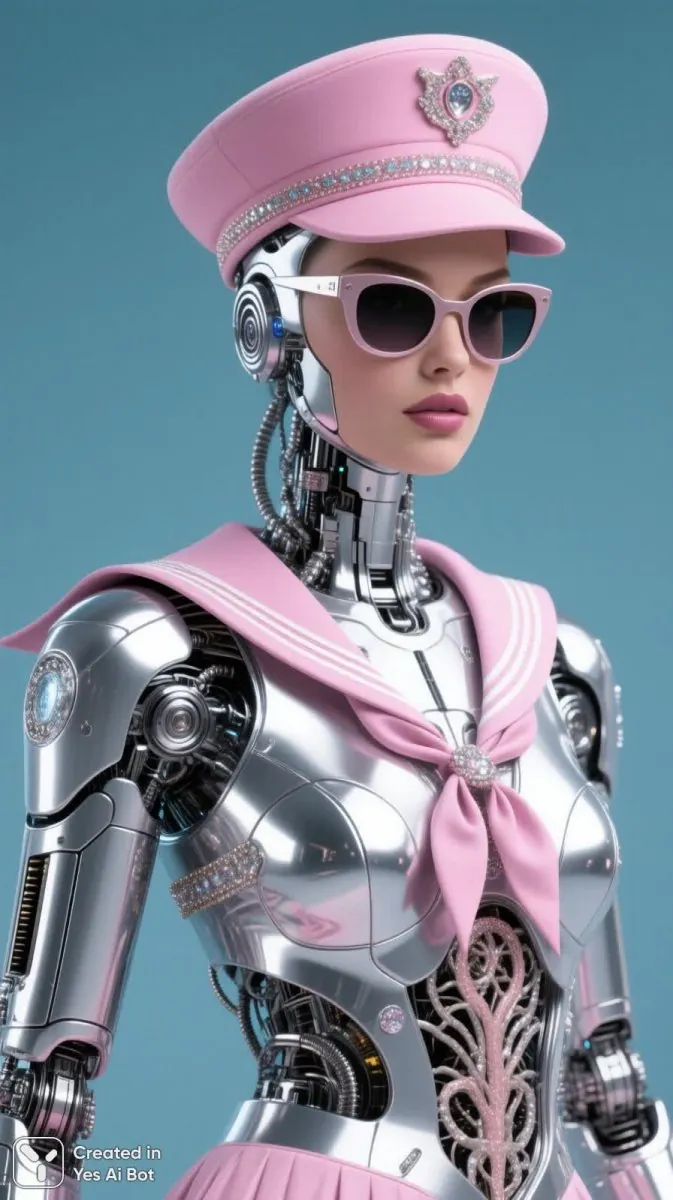 Ein silberner Cyborg mit rosa Schirmmütze, Brille und schickem Matrosenkostüm.