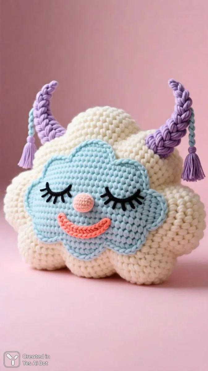 A sculptural knitted cushion with a sleepy blue face and lilac horns.