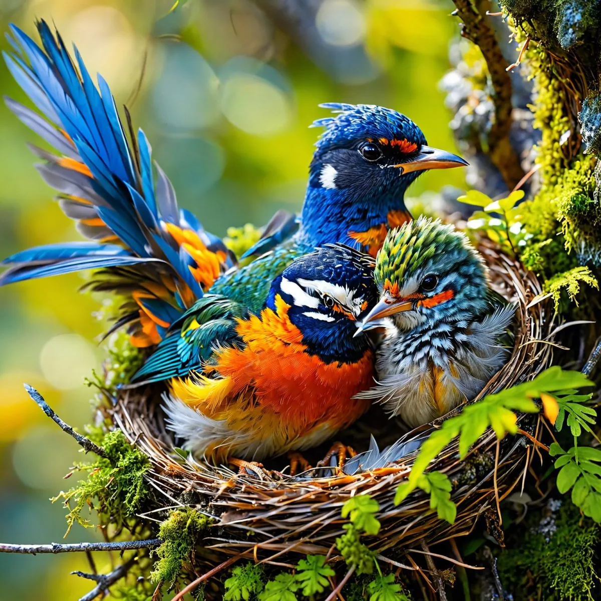 Un oiseau adulte coloré déploie ses ailes au-dessus de son petit parmi la verdure.