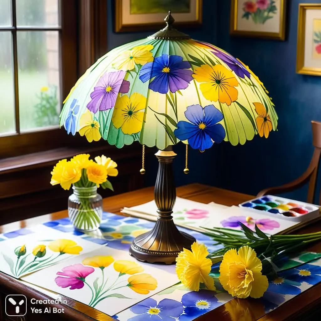 Flowers and colorful umbrellas blur across a sheet beneath a desk lamp.